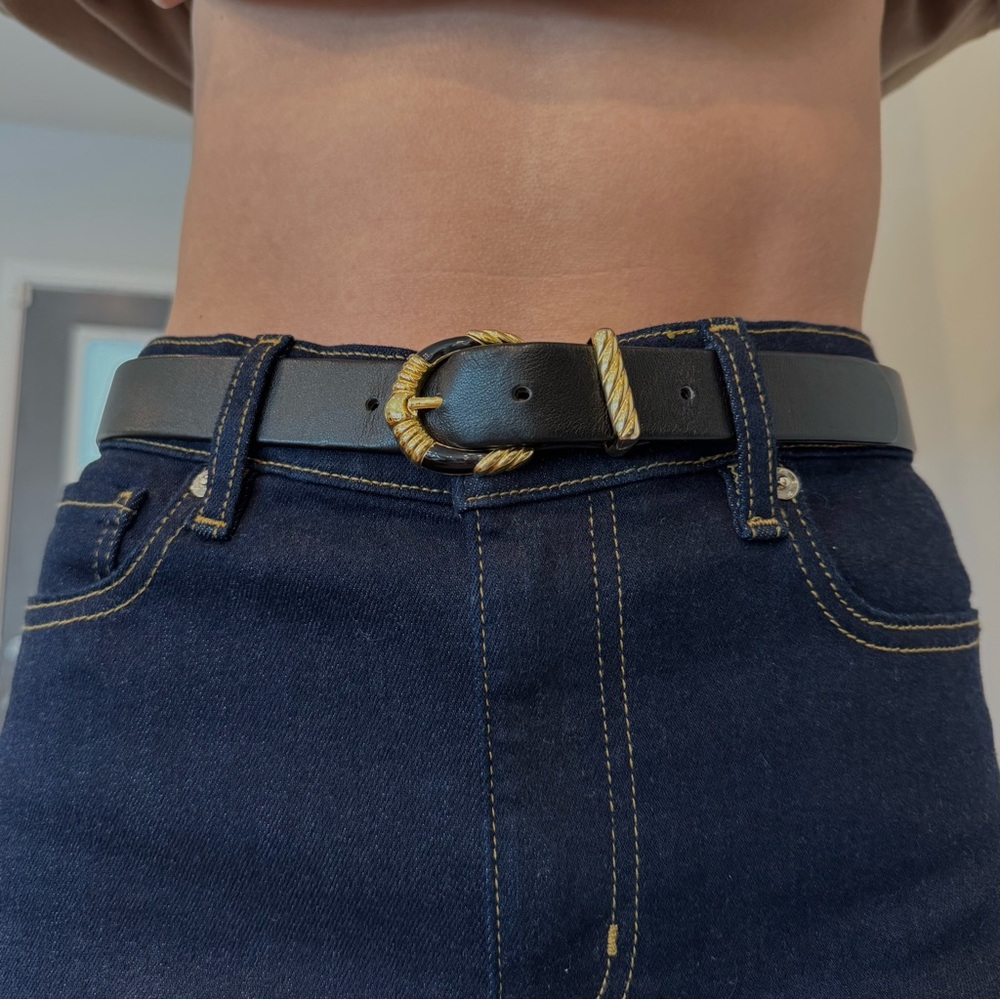 Unique Vintage Black Leather Belt with Gold Buckle (28-31.5”)